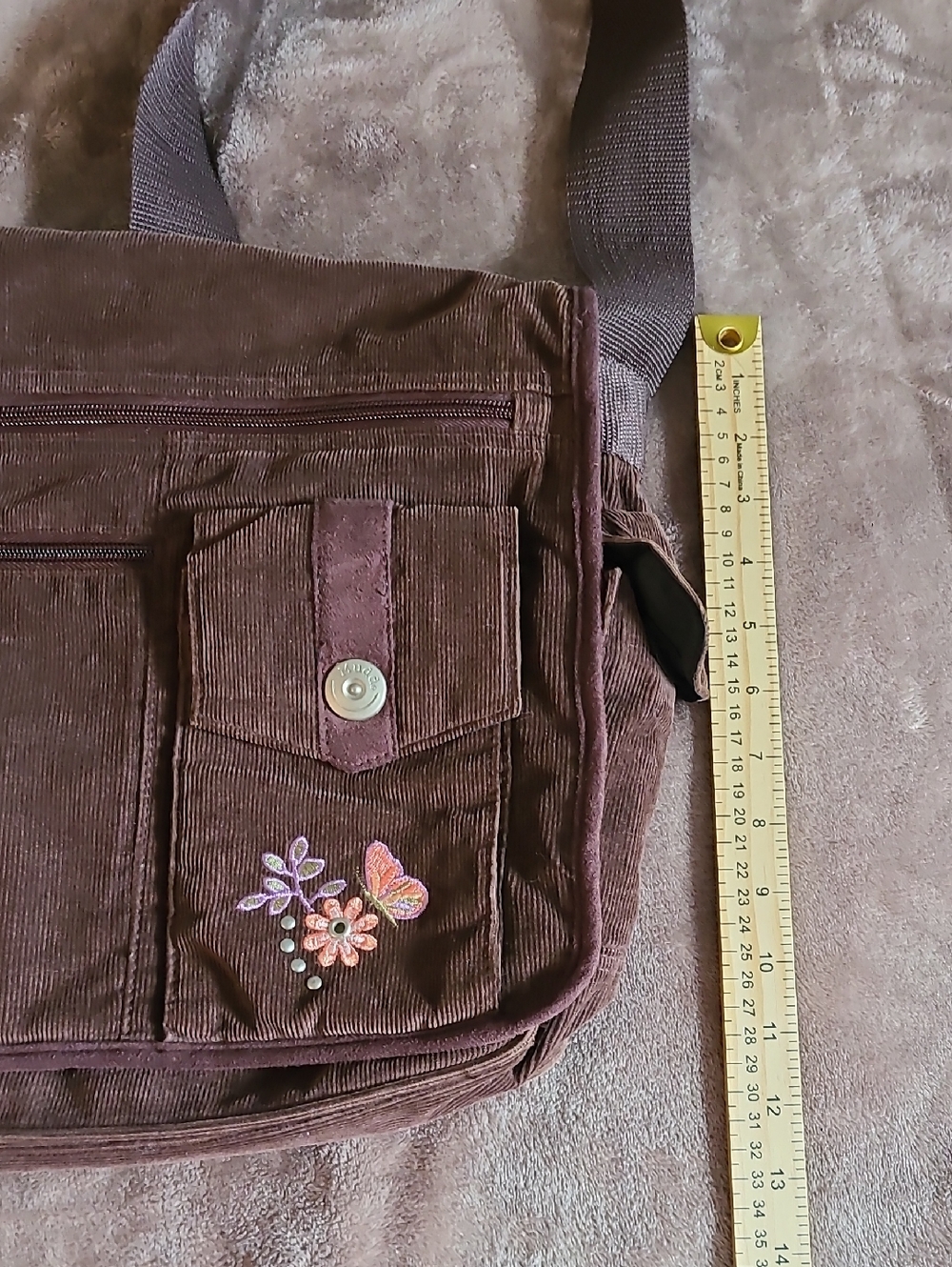 Mudd Brown Corduroy Messenger Bag with Floral And Butterfly Embroidery Y2K 90s - Picture 5 of 6
